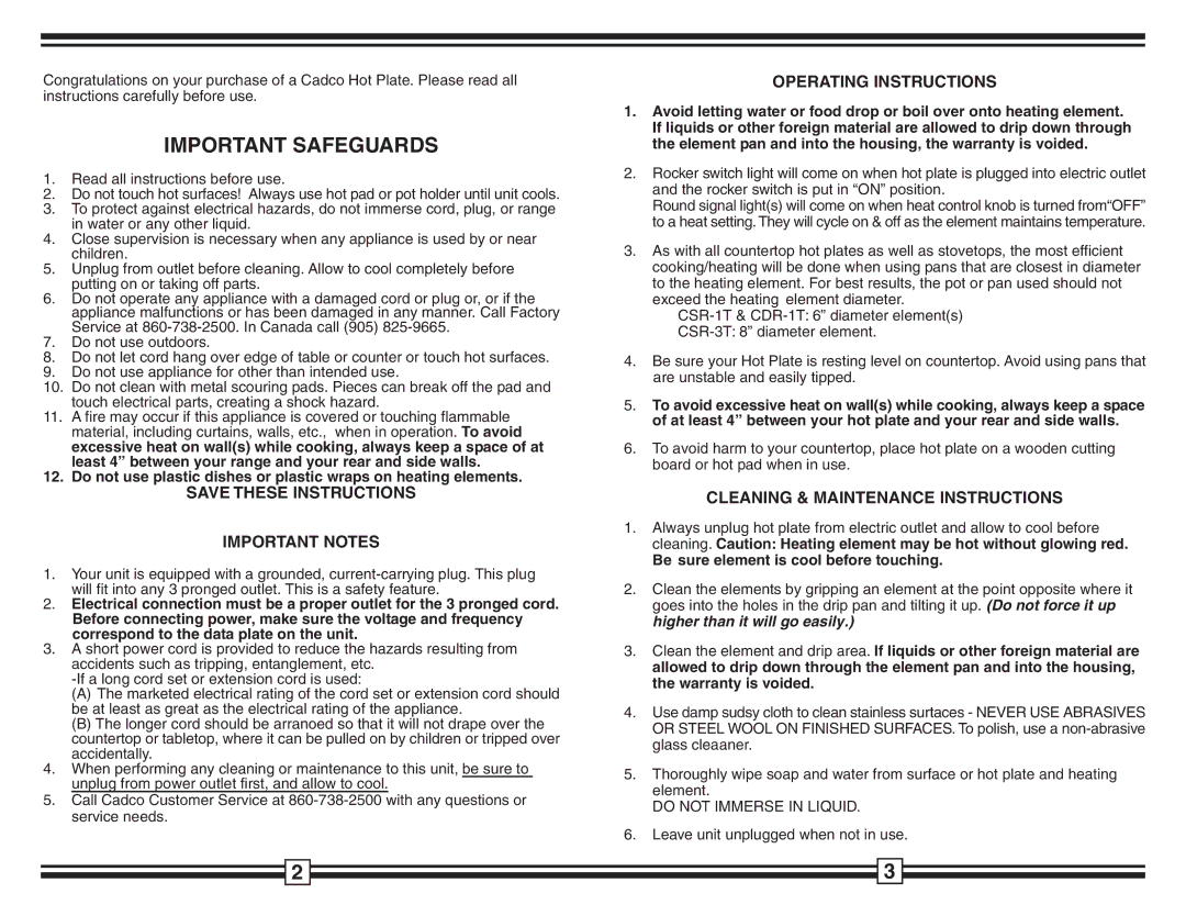 Cadco CSR - 1T, CDR-1T, CSR - 3T warranty Important Notes, Operating Instructions, Cleaning & Maintenance Instructions 