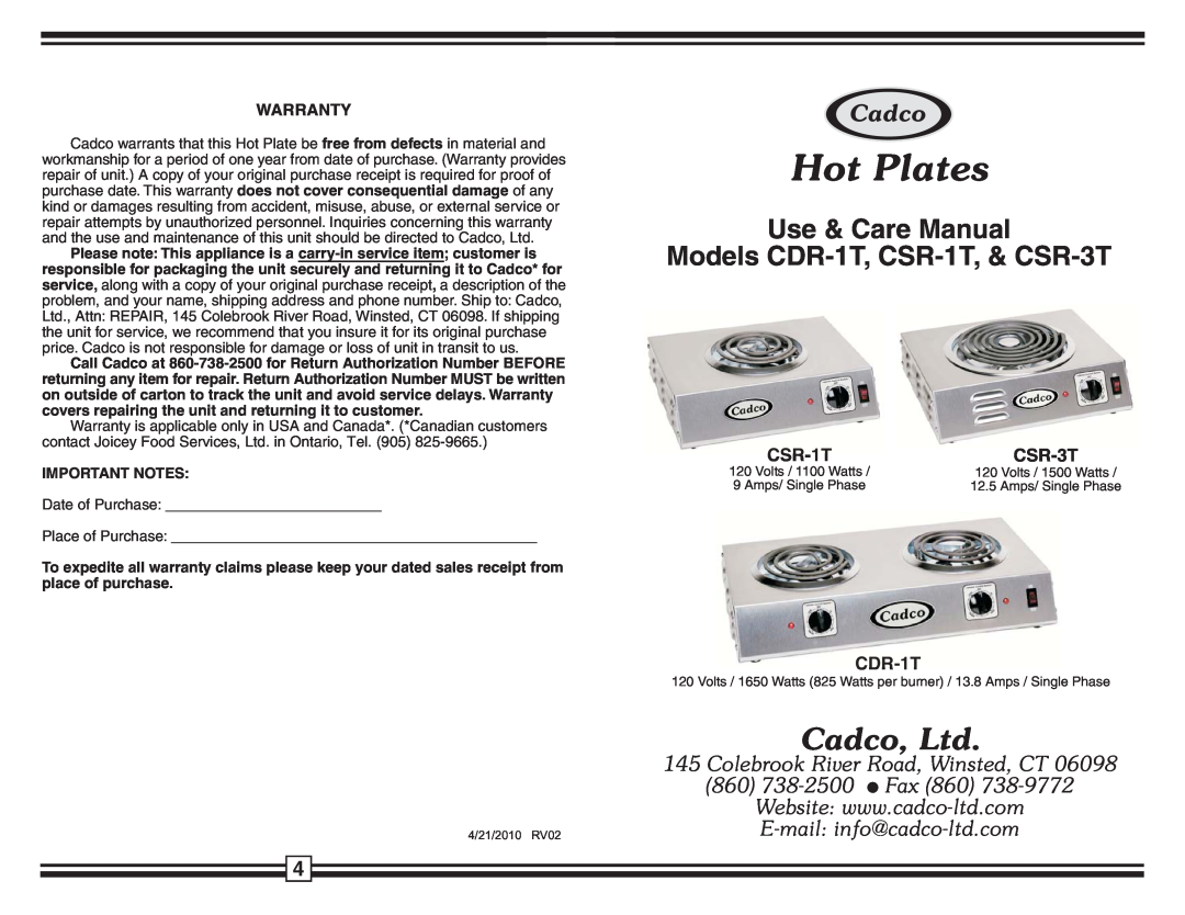 Cadco CSR - 3T, CSR - 1T warranty Warranty, Hot Plates, Use & Care Manual Models CDR-1T, CSR-1T,& CSR-3T 