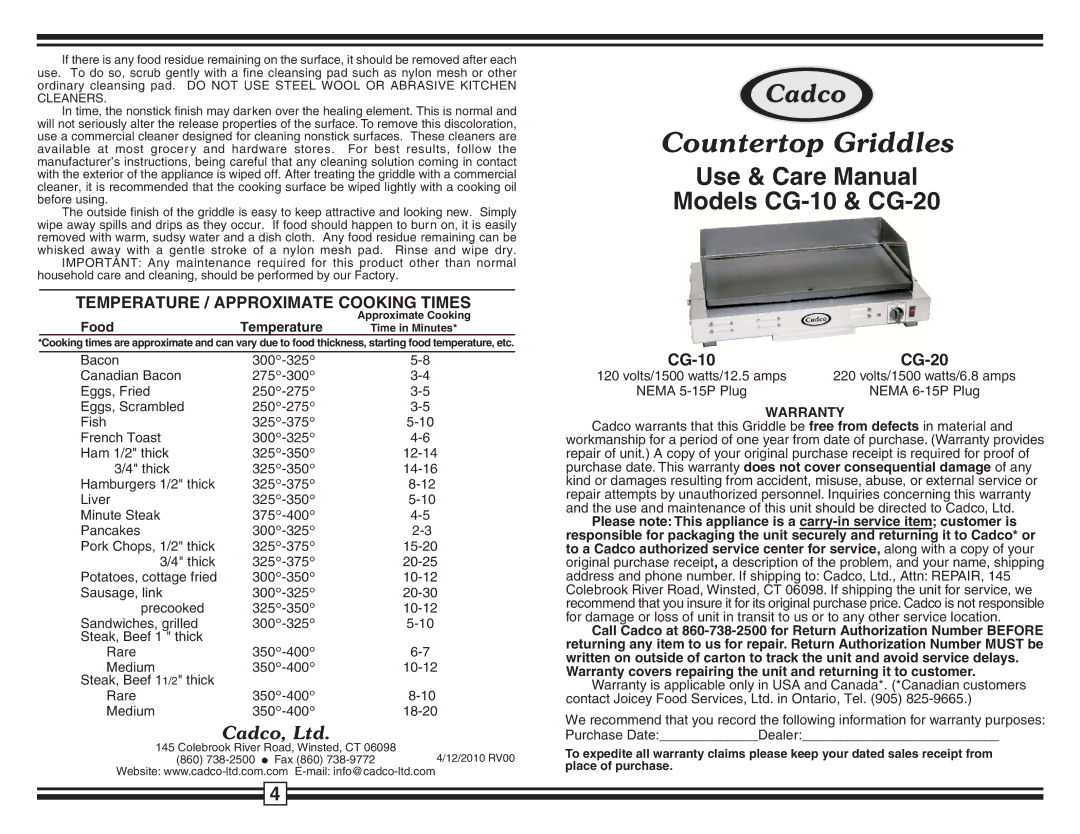 Cadco CG-10, CG-20 warranty Temperature / Approximate Cooking Times, Warranty 