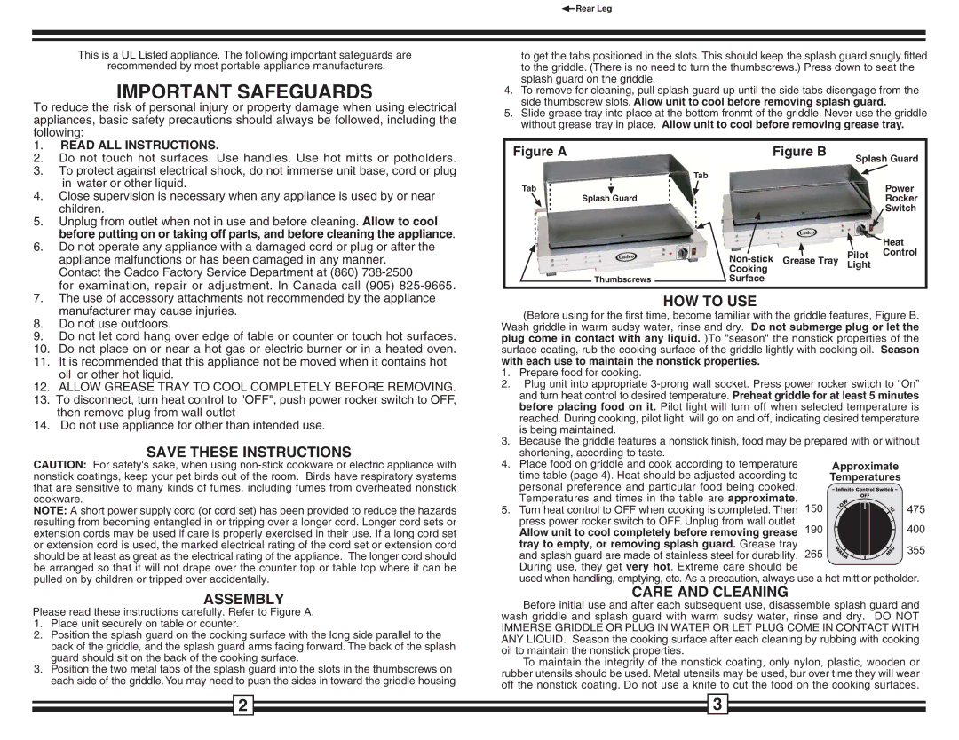 Cadco CG-20, CG-10 warranty Assembly, HOW to USE, Care and Cleaning, Read ALL Instructions 