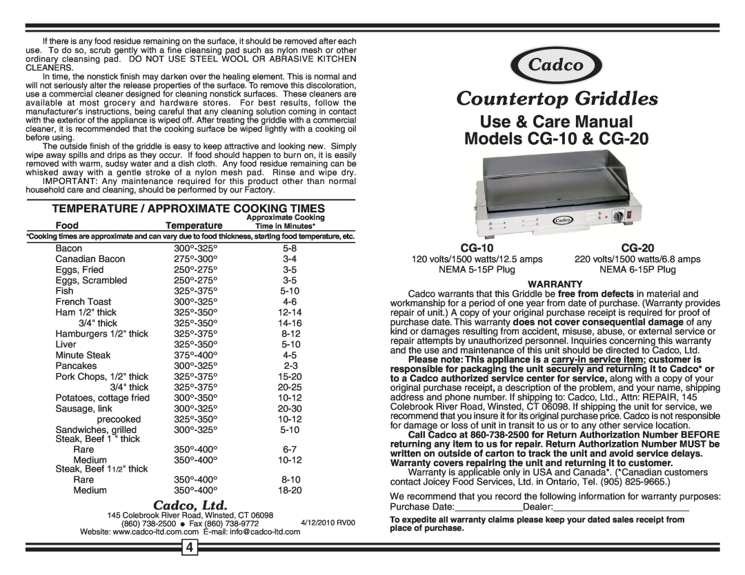 Cadco CG-10 warranty Temperature / Approximate Cooking Times, CG-20, Food, Warranty, Countertop Griddles 