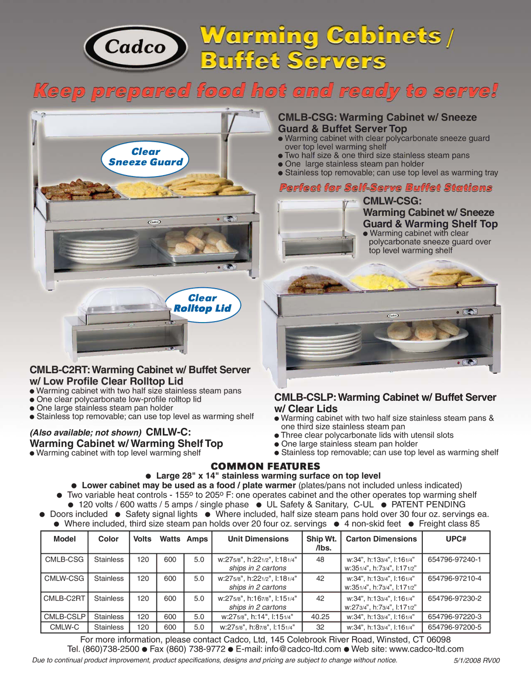 Cadco CML specifications Cmlw-Csg, Warming Cabinet w/ Sneeze Guard & Warming Shelf Top, Common Features, Upc# 