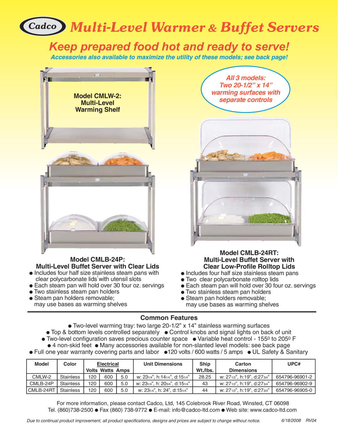 Cadco warranty Multi-Level Warmer & Buffet Servers, Model CMLB-24P Multi-Level Buffet Server with Clear Lids, Upc# 