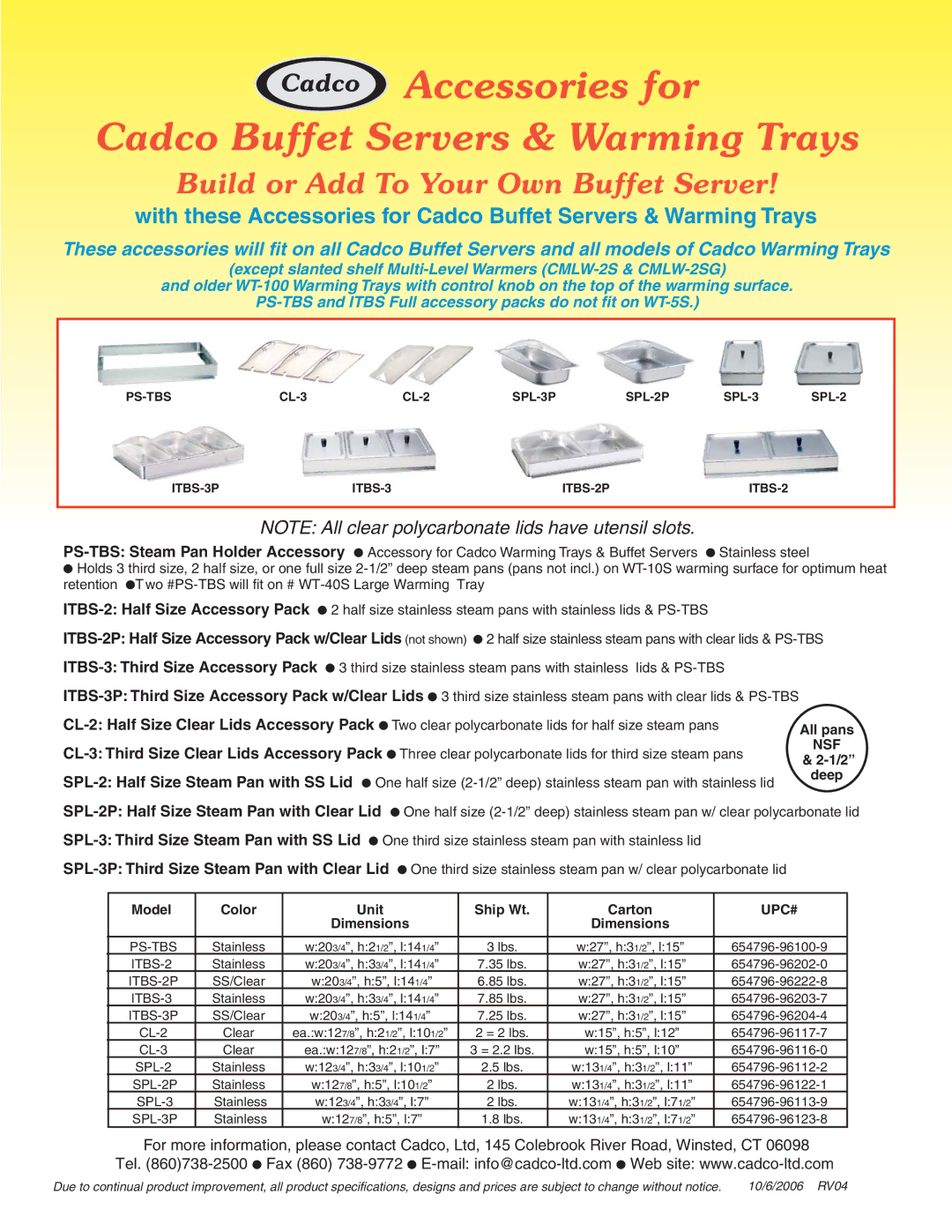 Cadco CMLW-2, CMLB-24RT, CMLB-24P warranty Accessories for Cadco Buffet Servers & Warming Trays, Nsf 