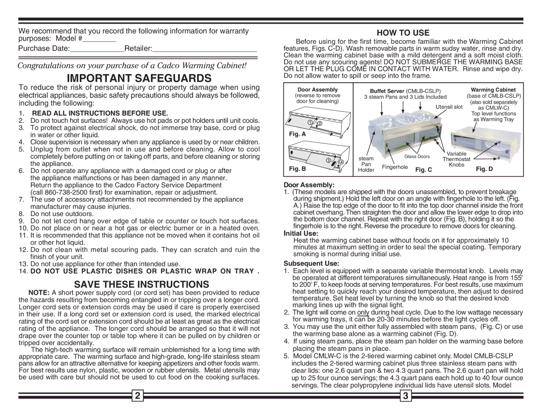 Cadco CMLW-C, CMLB-CSLP HOW to USE, Read ALL Instructions Before USE, Do not USE Plastic Dishes or Plastic Wrap on Tray 