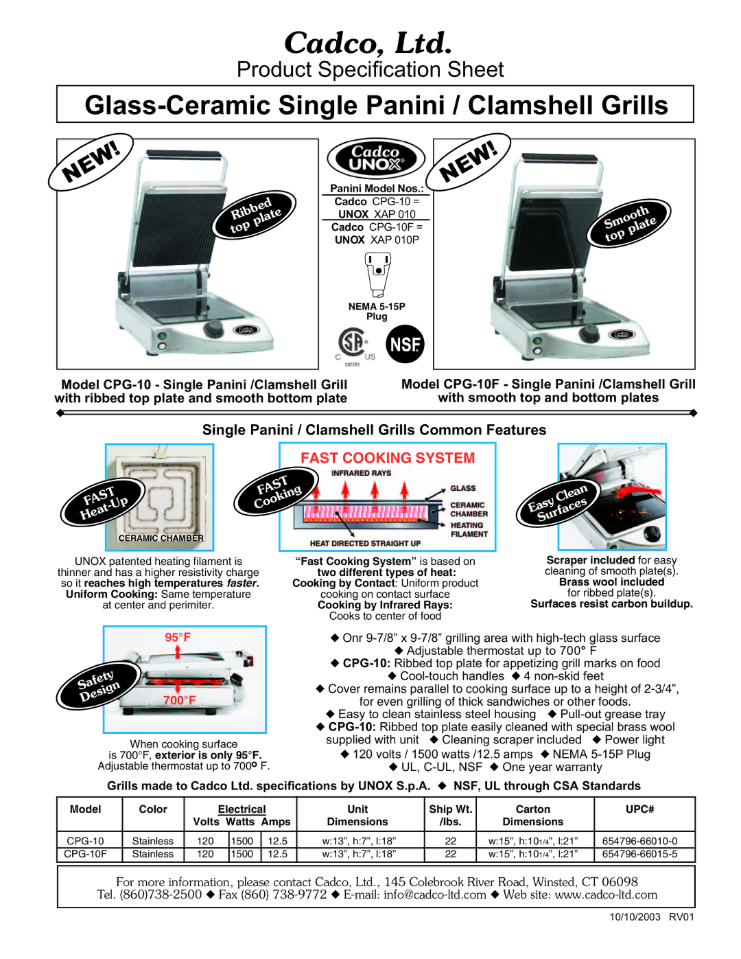 Cadco CPG-10F specifications Glass-Ceramic Single Panini / Clamshell Grills, Fast Cooking System, 95F, 700F 