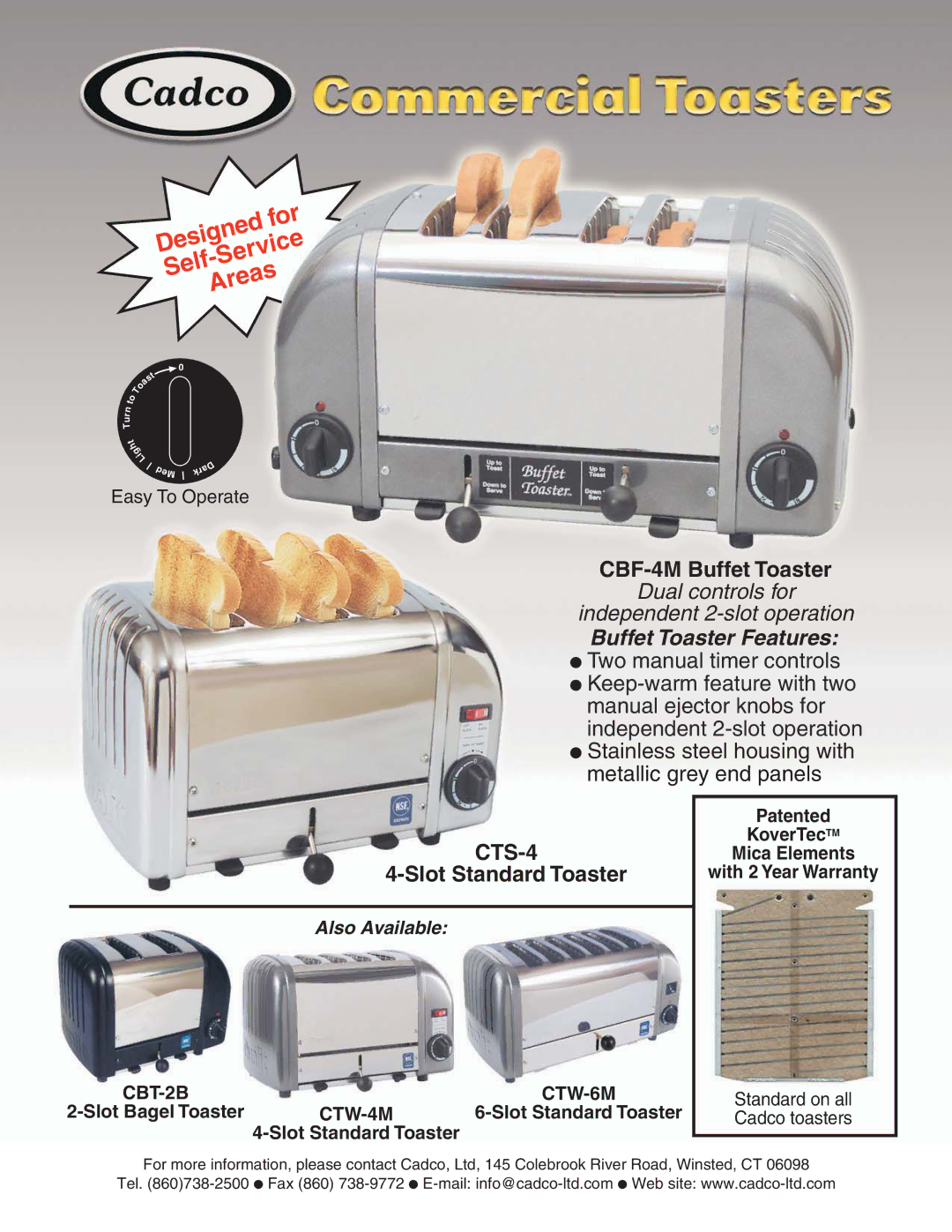 Cadco CTW-4M, CTW-6M, CTS-4, CBT-2B warranty CBF-4M Buffet Toaster, Slot Standard Toaster 