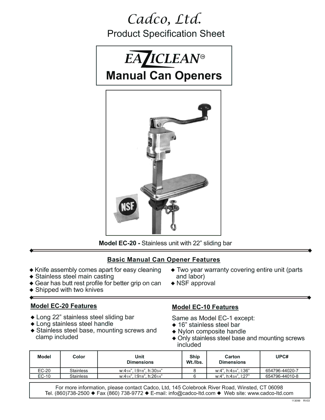 Cadco EC-10 specifications EA Iclean TM, Manual Can Openers, Basic Manual Can Opener Features, Model EC-20 Features 