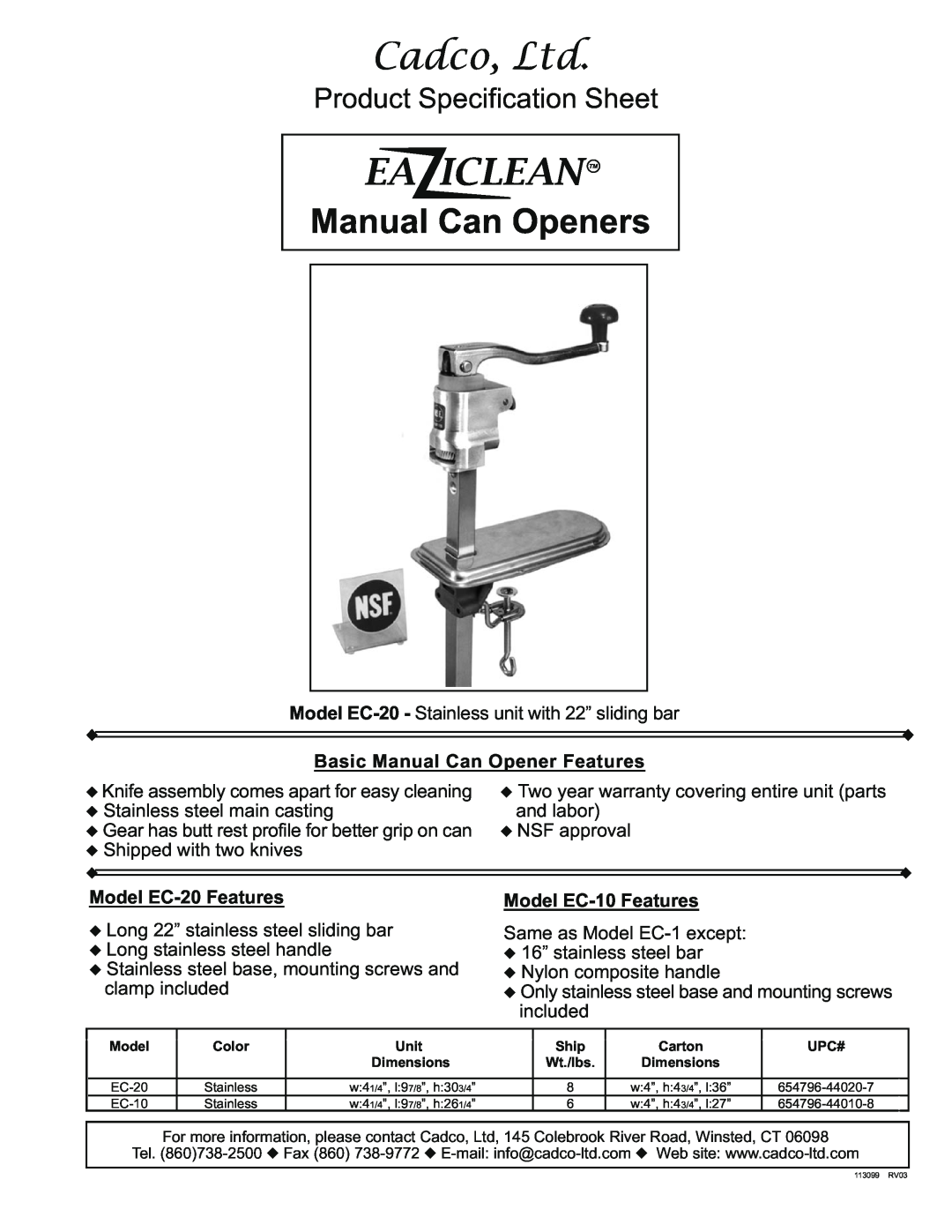 Cadco EC-10 specifications Ea Iclean Tm, Manual Can Openers, Product Specification Sheet, Basic Manual Can Opener Features 