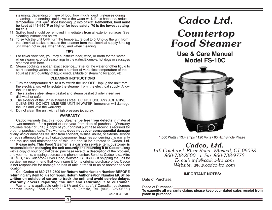 Cadco FS-10C warranty Tips, Cleaning Instructions, Warranty 