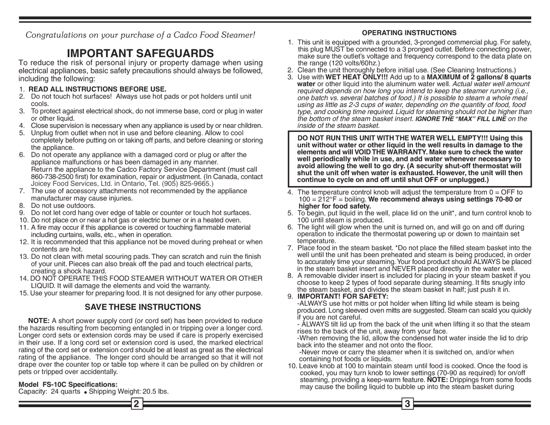 Cadco FS-10C warranty Read ALL Instructions Before USE, Operating Instructions, IMPORTANT! for Safety 