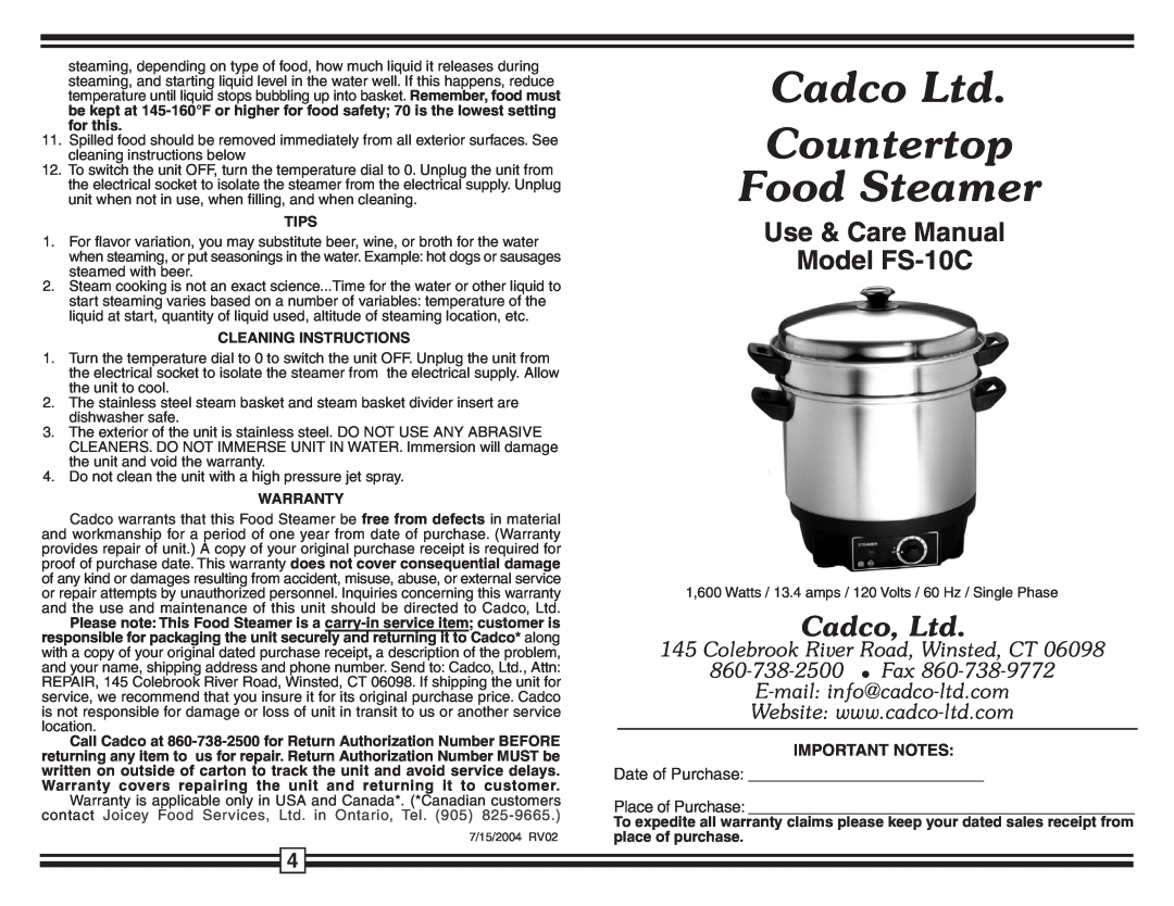 Cadco warranty Date of Purchase, Tips, Cleaning Instructions, Warranty, Use & Care Manual Model FS-10C, Important Notes 