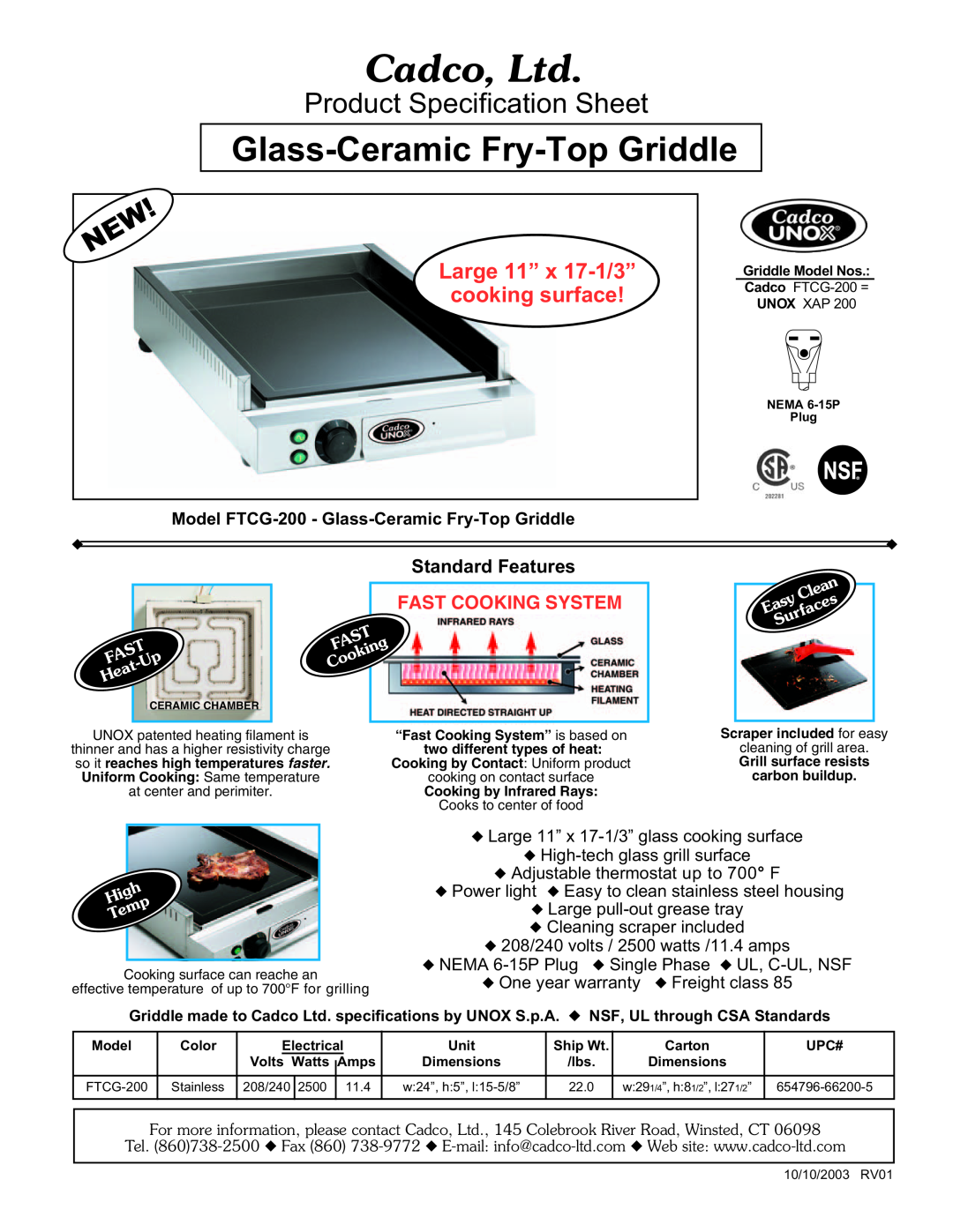 Cadco FTCG-200 specifications Glass-Ceramic Fry-TopGriddle, Product Specification Sheet, Large 11” x 17-1/3”, FAST-Up Heat 