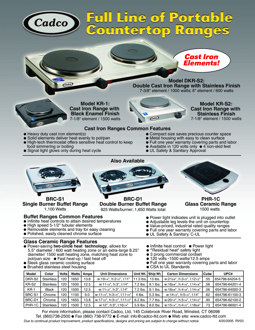 Cadco KR-1, DKR-S2 specifications Cast Iron Elements 