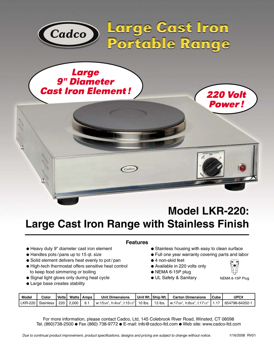 Cadco specifications Model LKR-220 Large Cast Iron Range with Stainless Finish, Features, Upc# 