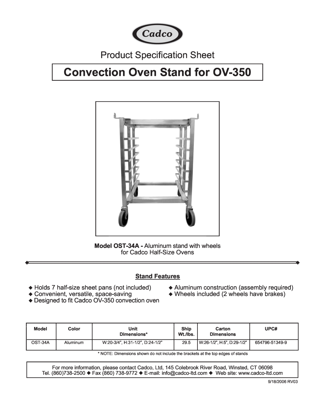 Cadco OST-34A specifications Convection Oven Stand for OV-350, Product Specification Sheet, Stand Features 