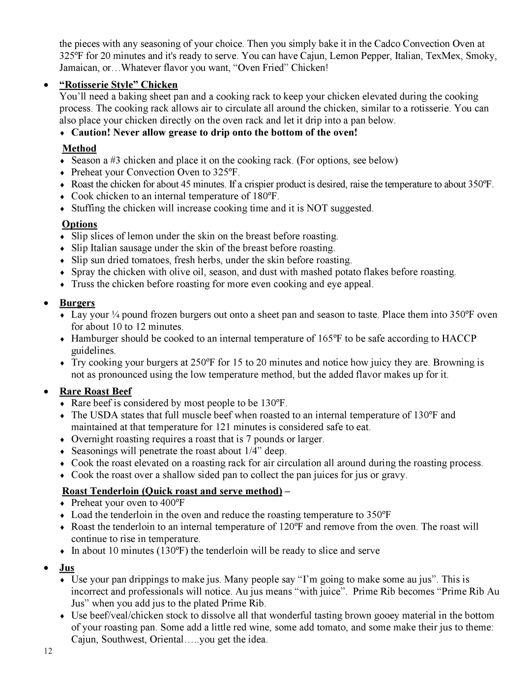 Cadco OV-013, OV-003, OV-023 instruction manual Rotisserie Style Chicken, Method, Options, Burgers, Rare Roast Beef, Jus 