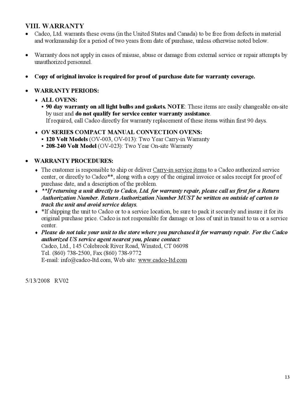 Cadco OV-003 VIII. Warranty, Warranty Periods ALL Ovens, OV Series Compact Manual Convection Ovens, Warranty Procedures 