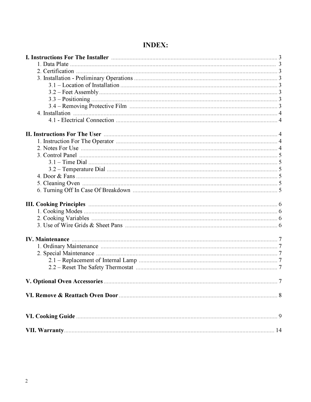 Cadco OV-023, OV-013, OV-003 instruction manual Index, Instructions For The Installer 