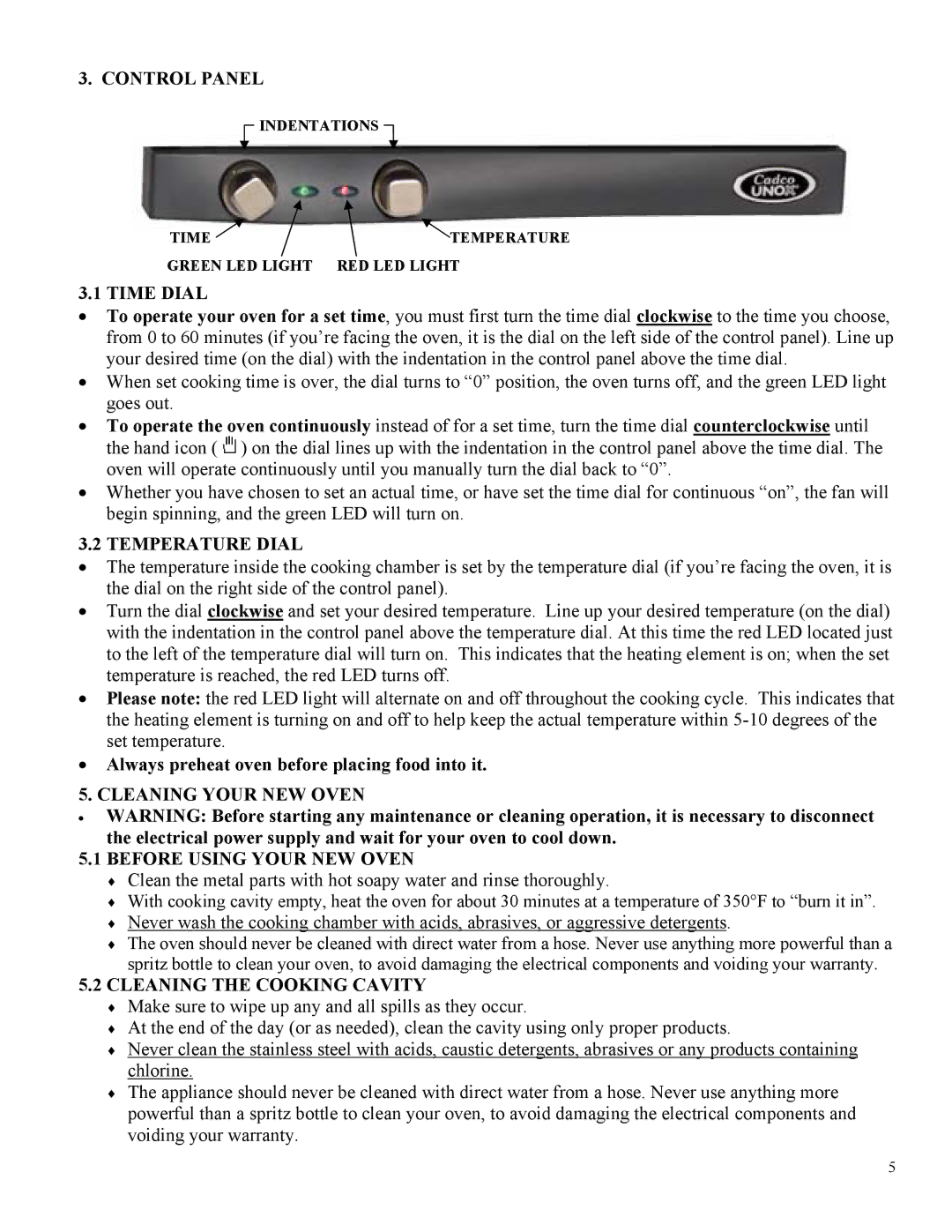 Cadco OV-023, OV-013, OV-003 Control Panel, Time Dial, Temperature Dial, Cleaning Your NEW Oven Before Using Your NEW Oven 