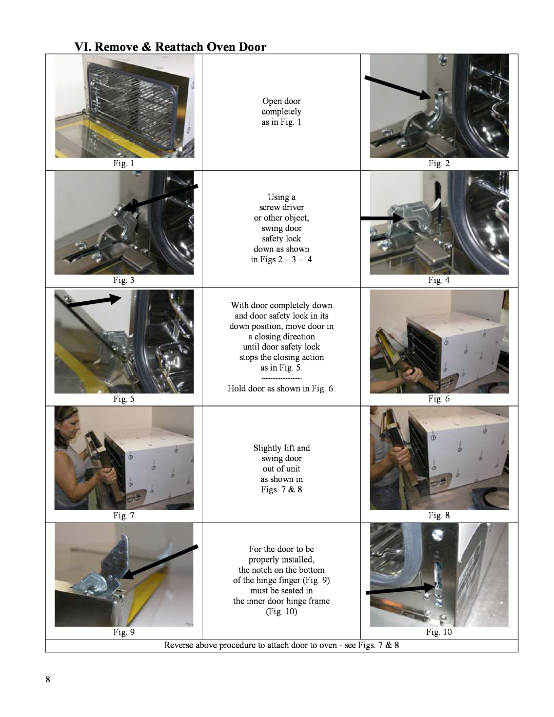 Cadco OV-023 VI. Remove & Reattach Oven Door, down as shown, stops the closing action, as shown in, must be seated in 