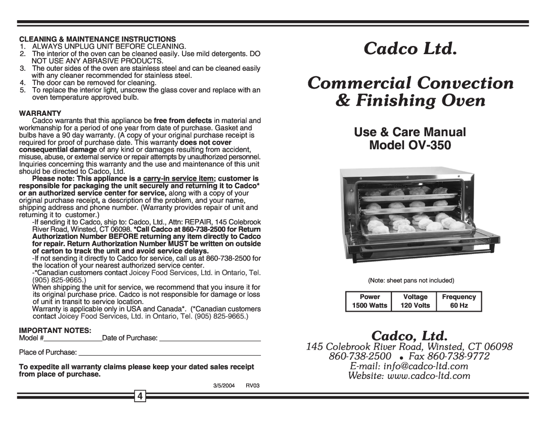 Cadco warranty Use & Care Manual Model OV-350, Colebrook River Road, Winsted, CT 