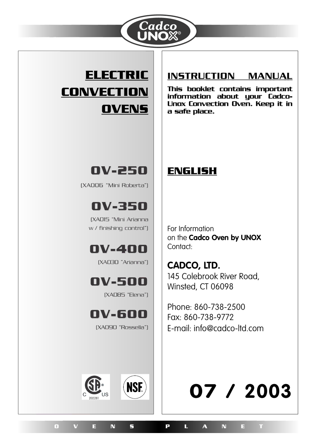 Cadco OV-250, OV-400, OV-600, OV-500 instruction manual Electric Convection Ovens 