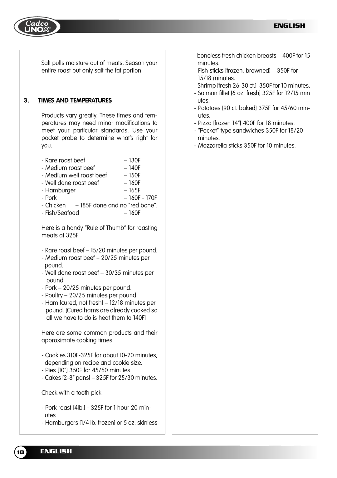 Cadco OV-600, OV-400, OV-250, OV-500 instruction manual Times and Temperatures 