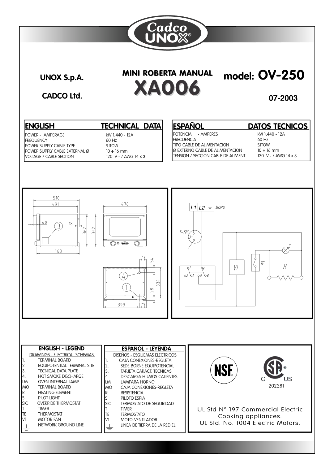 Cadco OV-400, OV-250, OV-600, OV-500 instruction manual XA006 