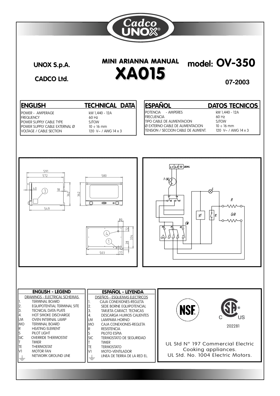 Cadco OV-250, OV-400, OV-600, OV-500 instruction manual XA015 