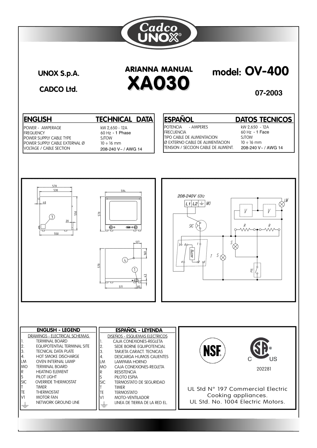 Cadco OV-600, OV-400, OV-250, OV-500 instruction manual XA030 