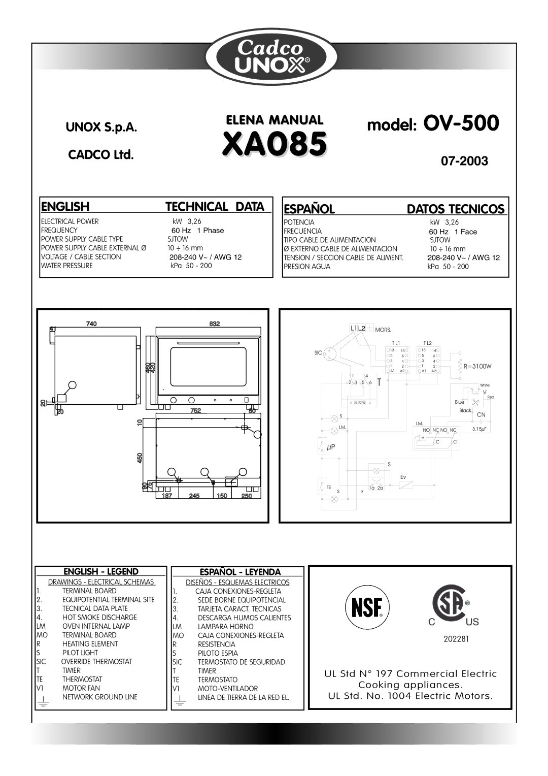 Cadco OV-500, OV-400, OV-250, OV-600 instruction manual XA085 