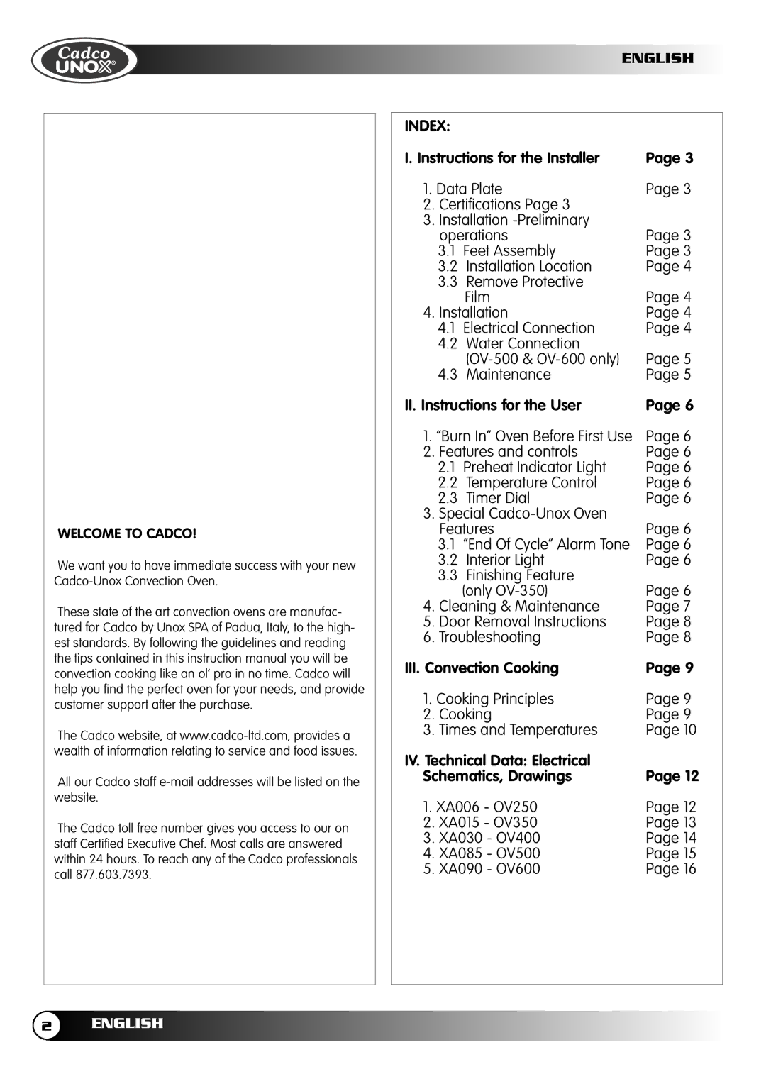 Cadco OV-600, OV-400, OV-250, OV-500 instruction manual English, Welcome to Cadco 