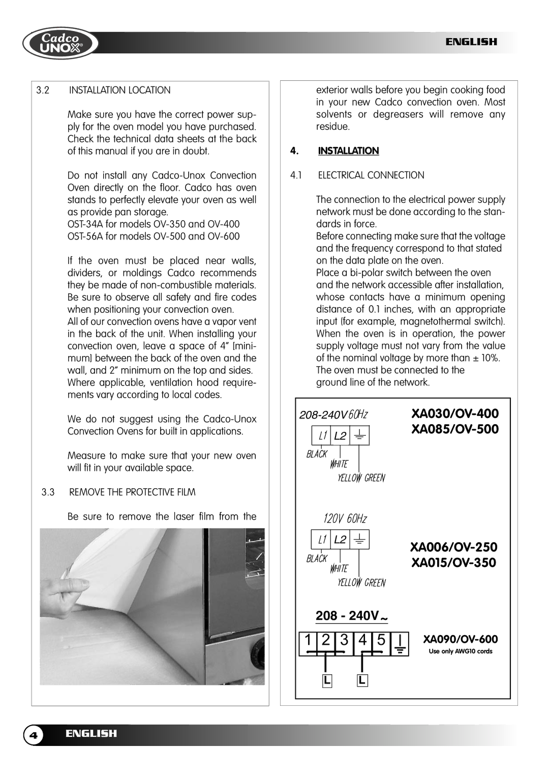 Cadco OV-400, OV-250, OV-600, OV-500 Installation Location, Electrical Connection, Remove the Protective Film 