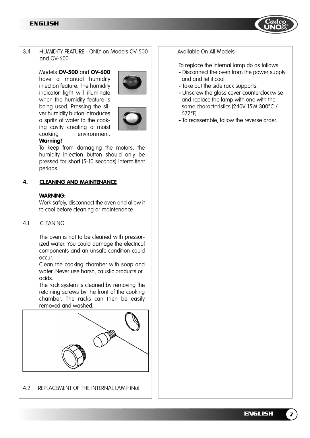 Cadco OV-500, OV-400, OV-250, OV-600 instruction manual Cleaning and Maintenance 