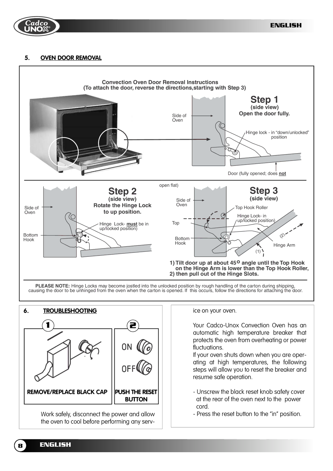 Cadco OV-400, OV-250, OV-600, OV-500 instruction manual Oven Door Removal, Troubleshooting, Push the Reset Button 