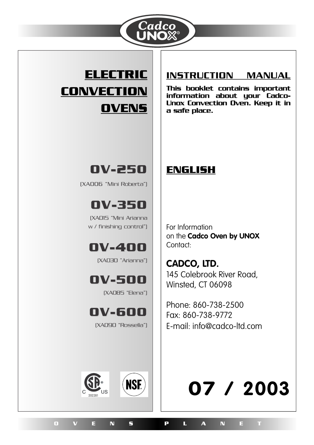 Cadco OV-250 instruction manual English, Electric Convection Ovens, OV-350, OV-400, OV-500, OV-600, For Information 