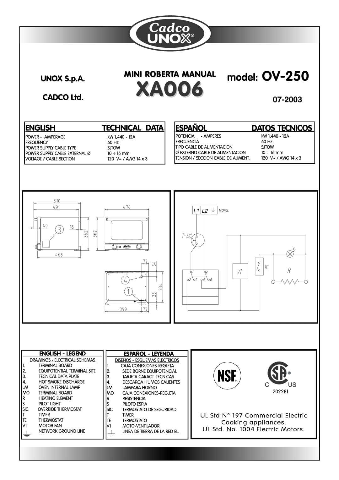 Cadco OV-400 model OV-250, XA006, UNOX S.p.A, Mini Roberta Manual, 07-2003, English, Español, Technical Data, L1 L2 