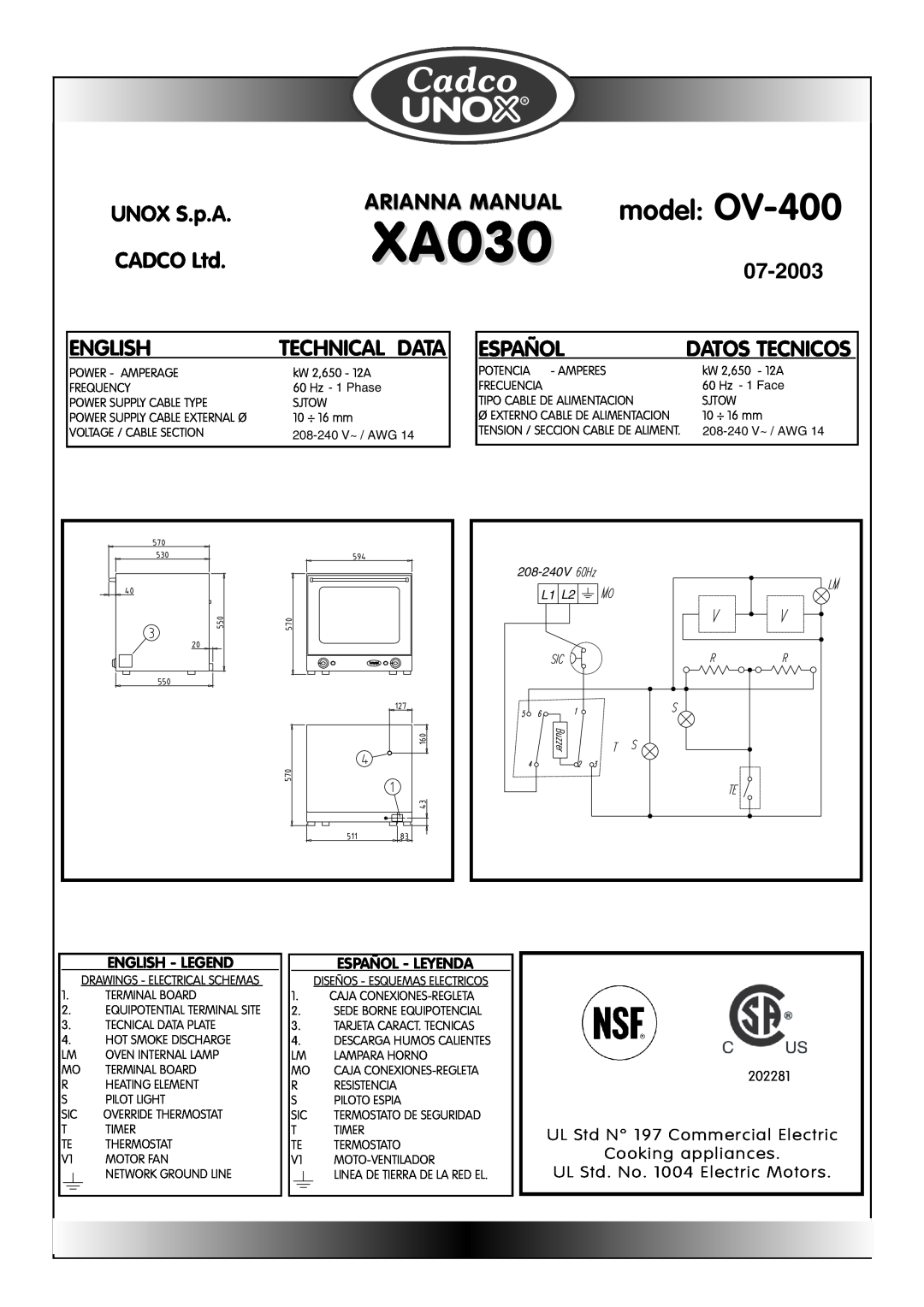 Cadco OV-600 XA030, model OV-400, UNOX S.p.A, Arianna Manual, 07-2003, English, Español, Technical Data, Datos Tecnicos 