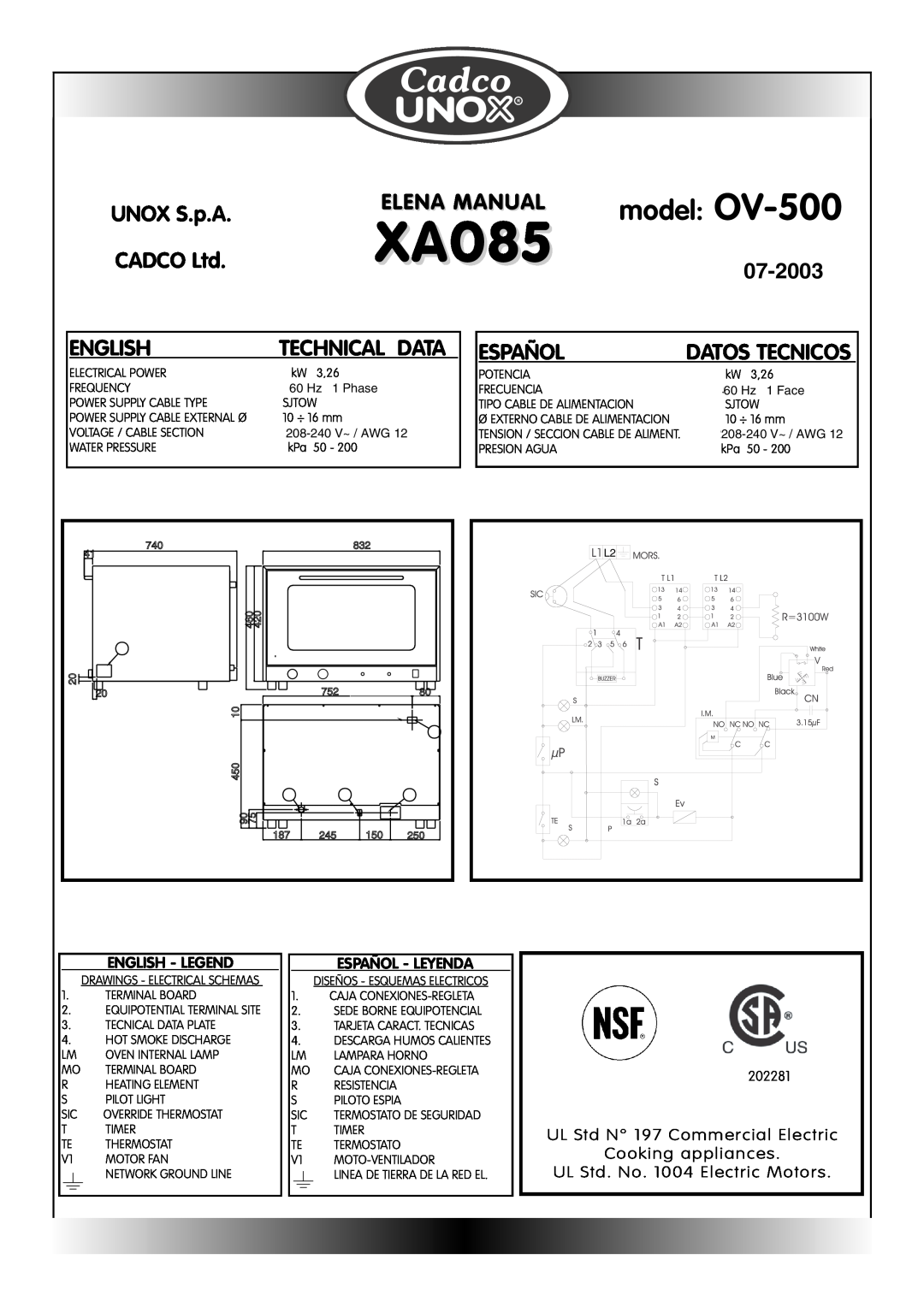 Cadco XA085, model OV-500, UNOX S.p.A, Elena Manual, 07-2003, English, Español, Technical Data, Datos Tecnicos, 202281 