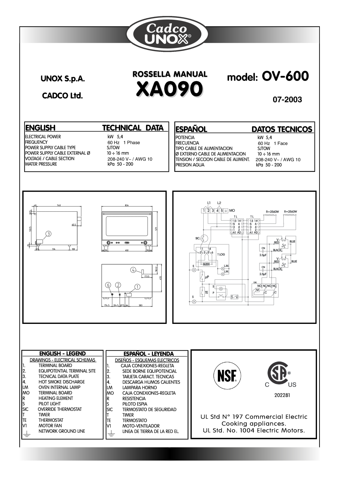 Cadco OV-400 XA090, model OV-600, UNOX S.p.A, Rossella Manual, 07-2003, English, Español, Technical Data, Datos Tecnicos 