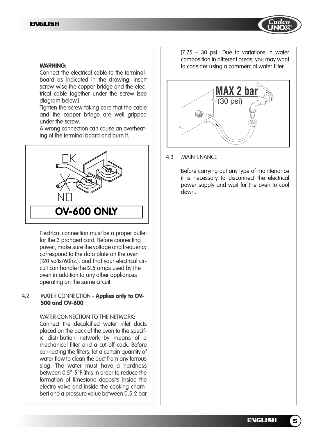 Cadco OV-250, OV-400, OV-500 instruction manual OV-600ONLY, MAX 2 bar, 30 psi, English 
