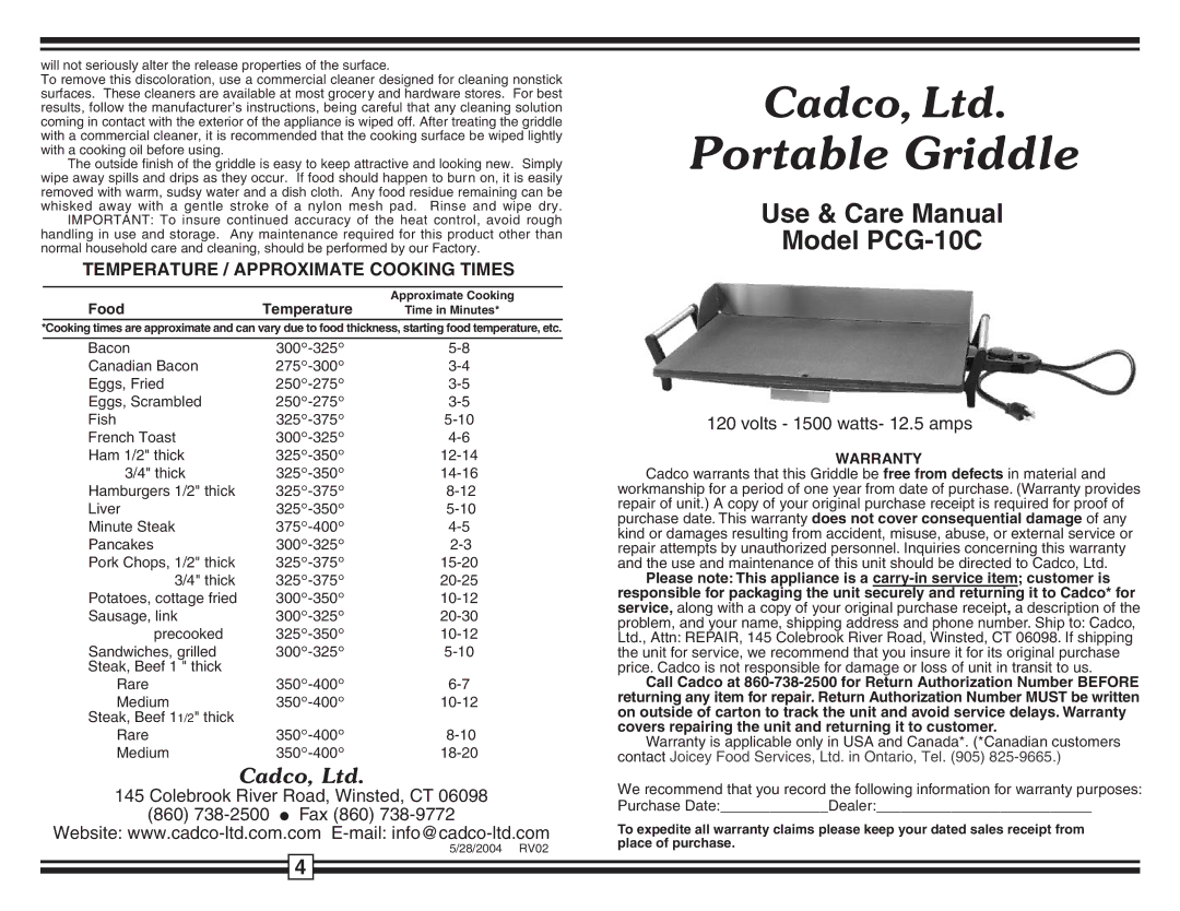 Cadco PCG-10C warranty Temperature / Approximate Cooking Times, Warranty 