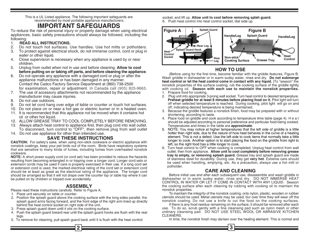 Cadco PCG-10C warranty Assembly, HOW to USE, Care and Cleaning, Read ALL Instructions 