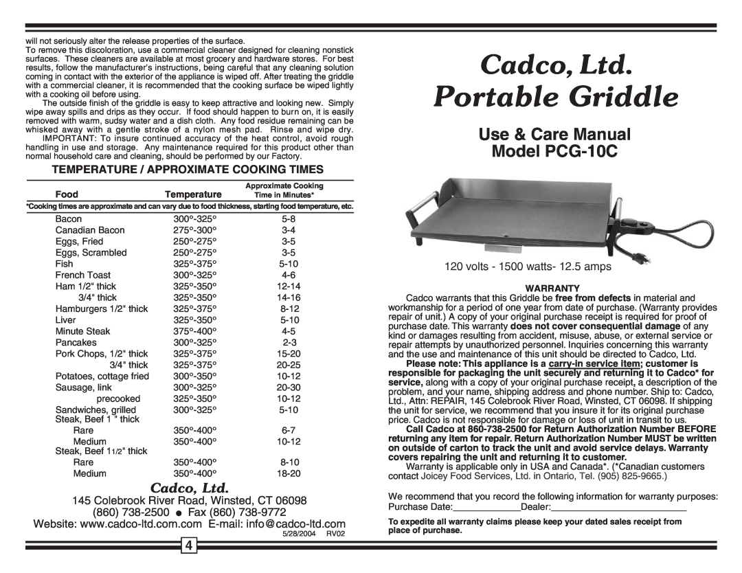 Cadco PCG-10C warranty Temperature / Approximate Cooking Times, Food, Warranty, Portable Griddle, l Fax 