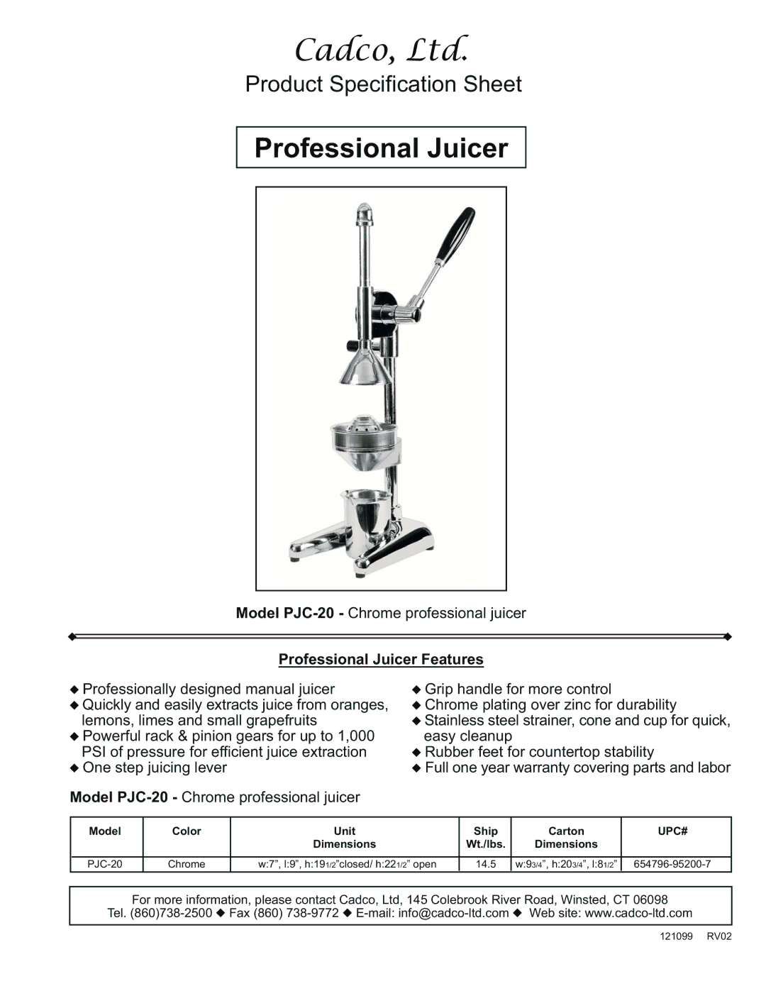 Cadco PJC-20 specifications Professional Juicer Features, Model Color Unit Ship Carton, Upc#, Dimensions Wt./lbs 