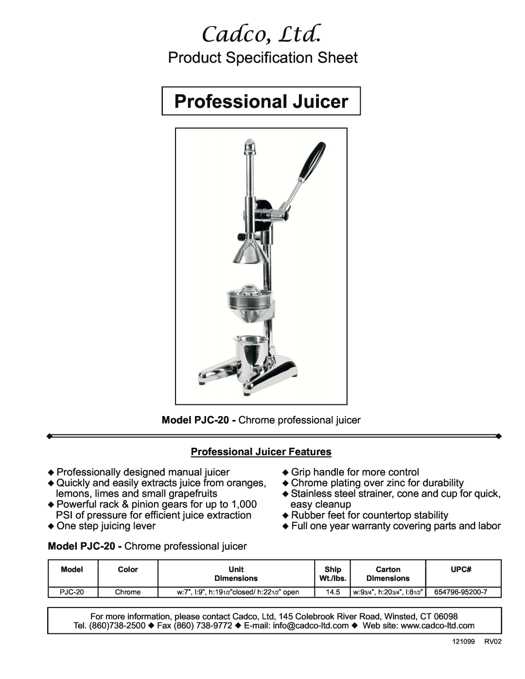 Cadco PJC-20 specifications Product Specification Sheet, Professional Juicer Features 