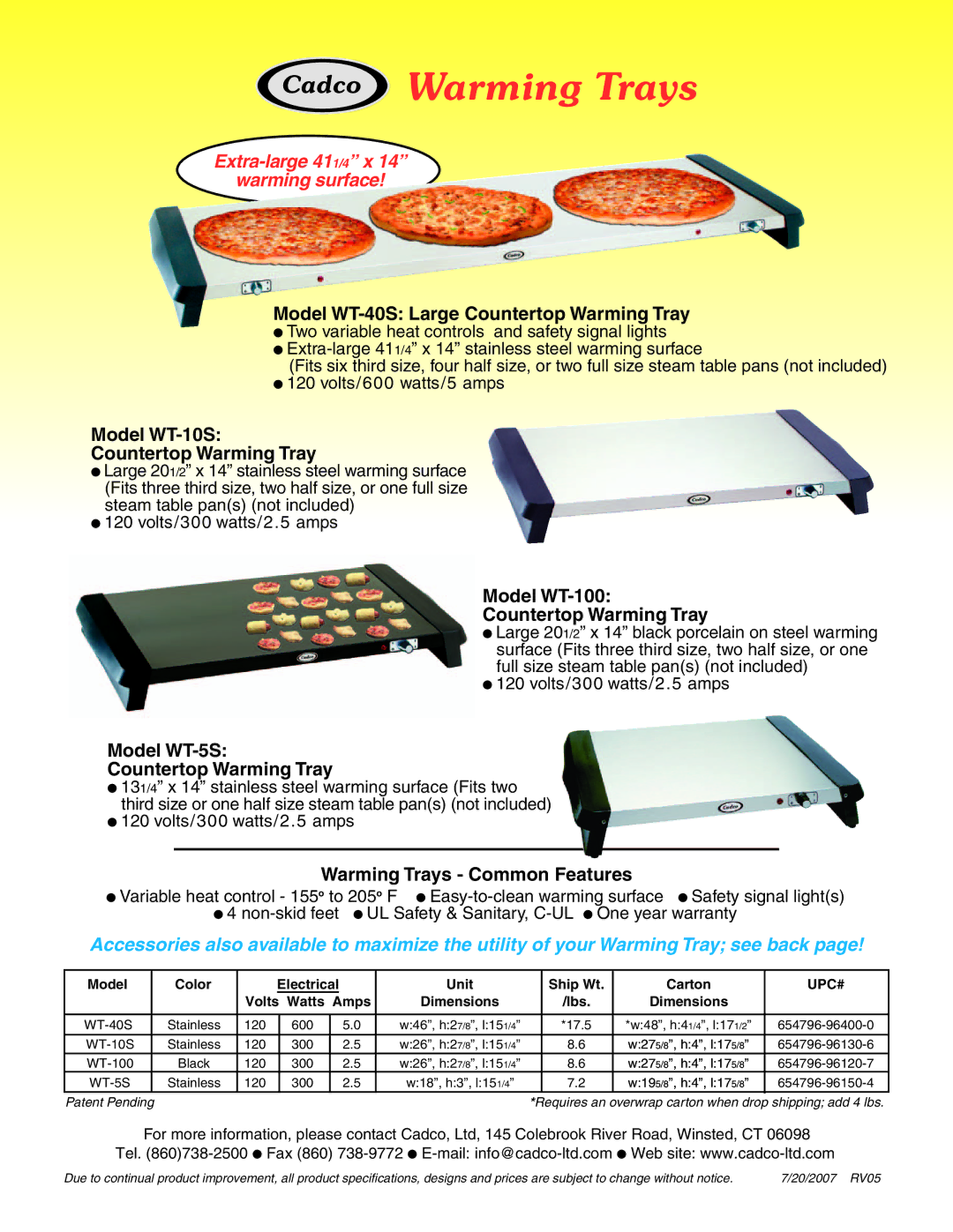 Cadco WT-10S warranty Warming Trays 