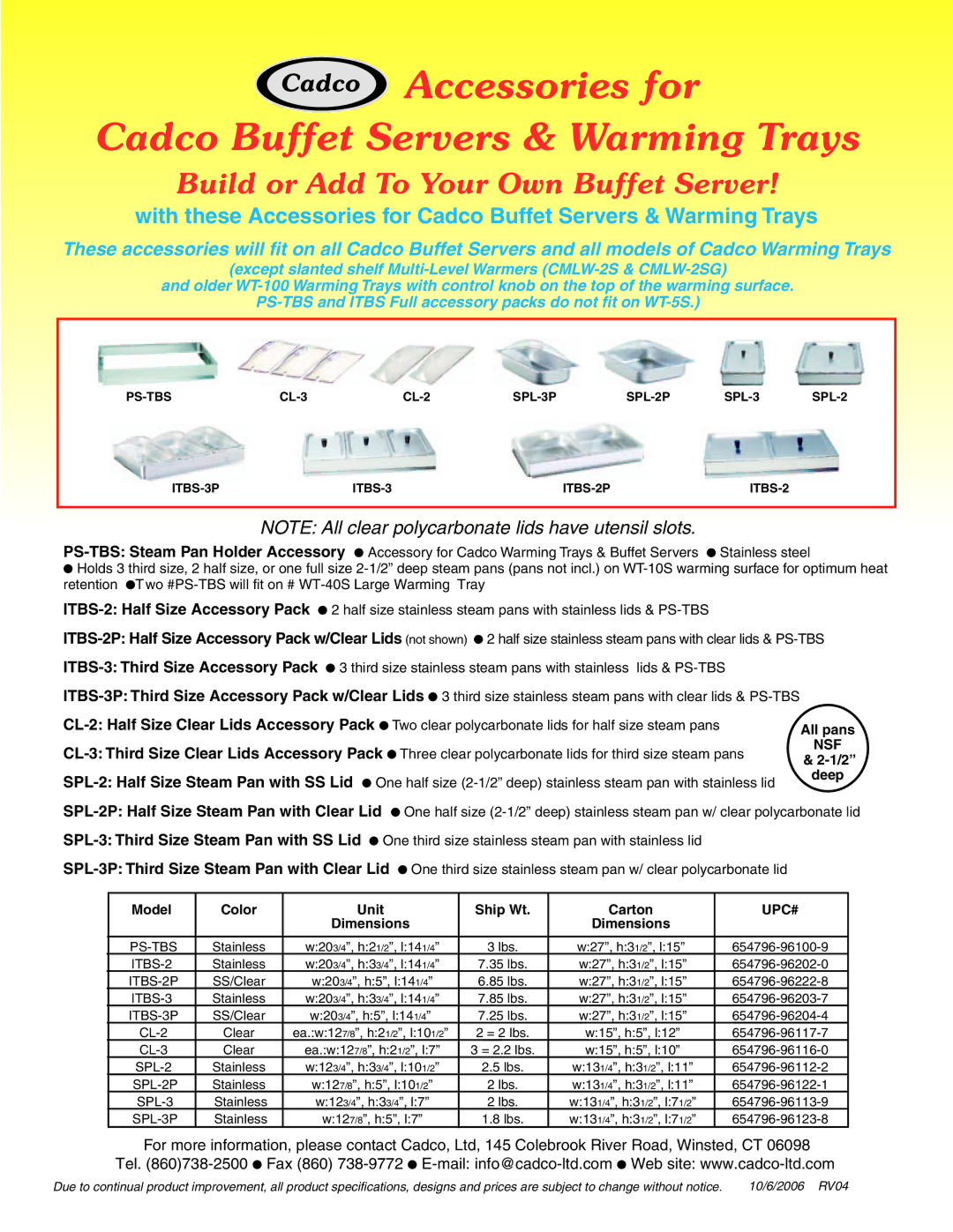 Cadco WT-10S warranty Accessories for Cadco Buffet Servers & Warming Trays, Nsf 