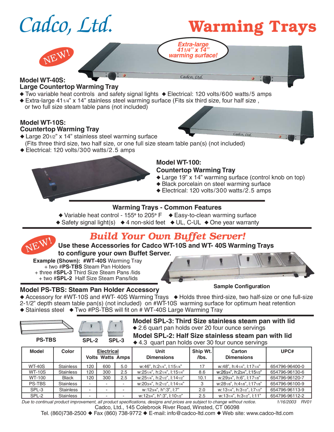 Cadco dimensions Model WT-40S Large Countertop Warming Tray, Model WT-10S Countertop Warming Tray 